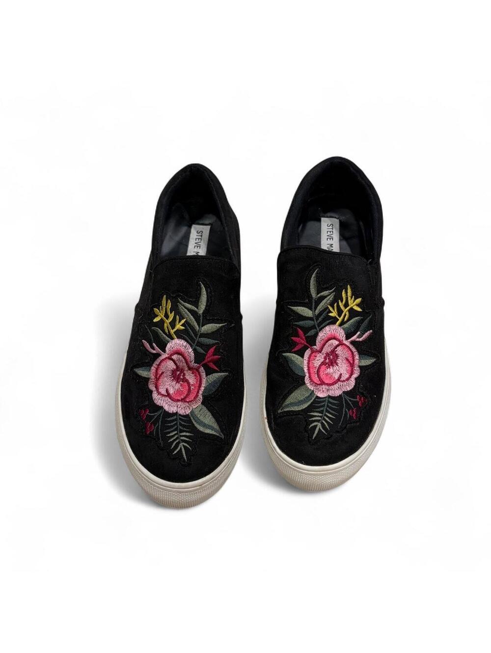 Steve Madden Garcie Black Floral Embroidered Slip-On Sneakers 🌹🖤